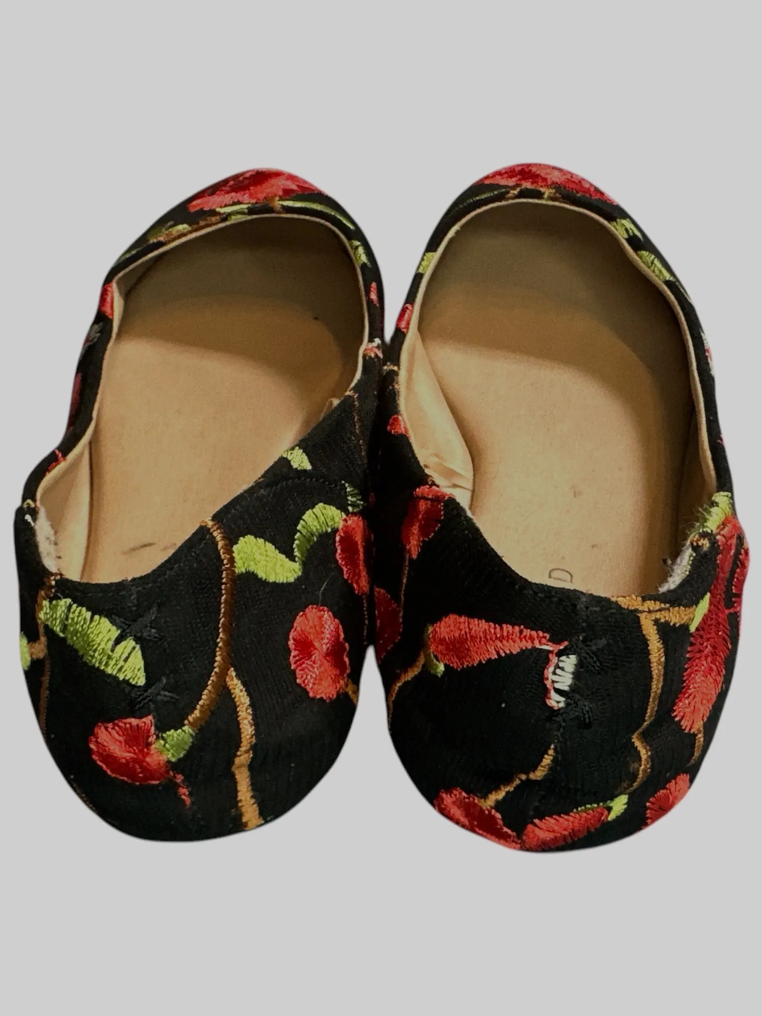 9W Black Flats with Red and green botanical embroidered details