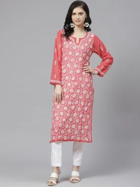 ADA Women Pink & White Chikankari Embroidered Sustainable Handloom Kurta with Trousers