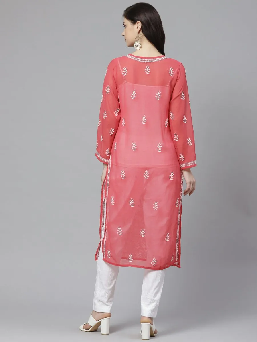 ADA Women Pink & White Chikankari Embroidered Sustainable Handloom Kurta with Trousers