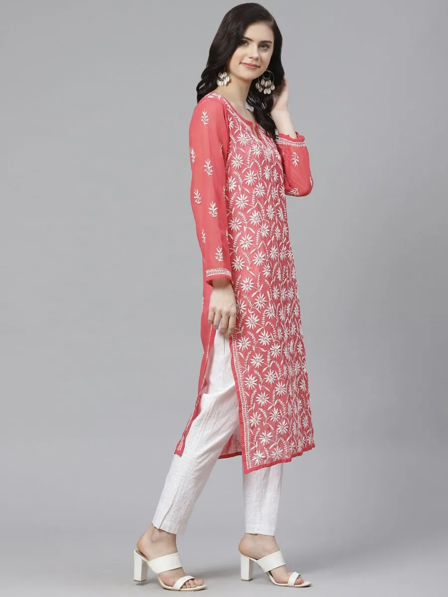 ADA Women Pink & White Chikankari Embroidered Sustainable Handloom Kurta with Trousers