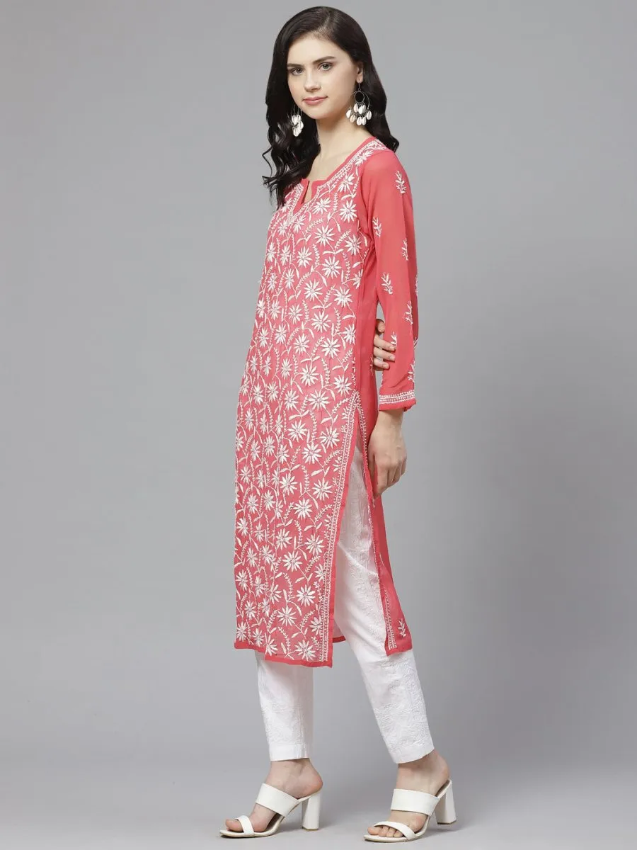 ADA Women Pink & White Chikankari Embroidered Sustainable Handloom Kurta with Trousers