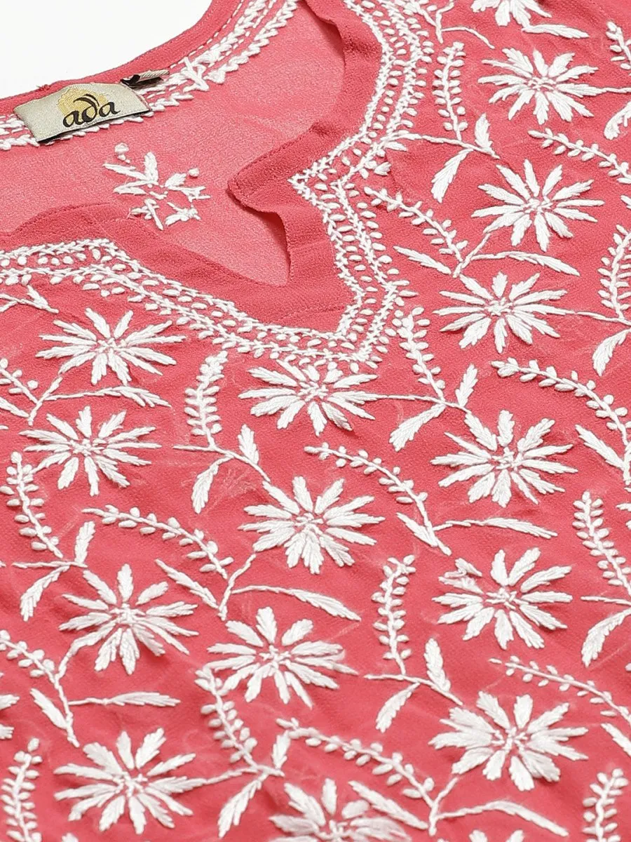 ADA Women Pink & White Chikankari Embroidered Sustainable Handloom Kurta with Trousers