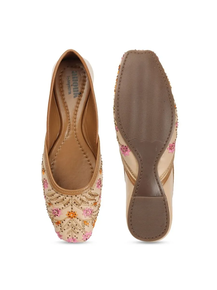 Anouk Cream-Coloured & Pink Embroidered Ethnic Mojaris