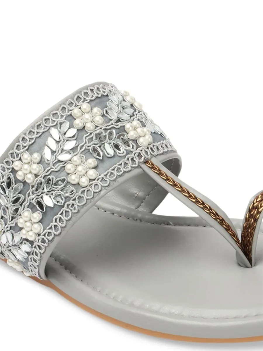 Anouk Floral Embellished Embroidered Open One Toe Flats