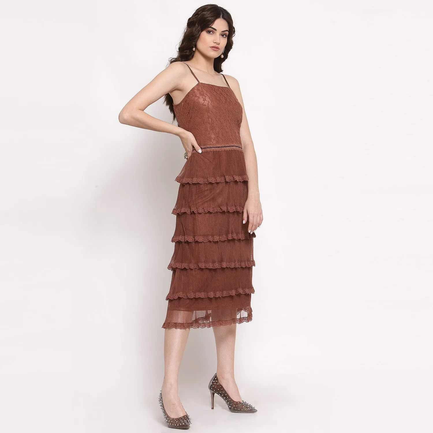 Brown Net Frill Dress