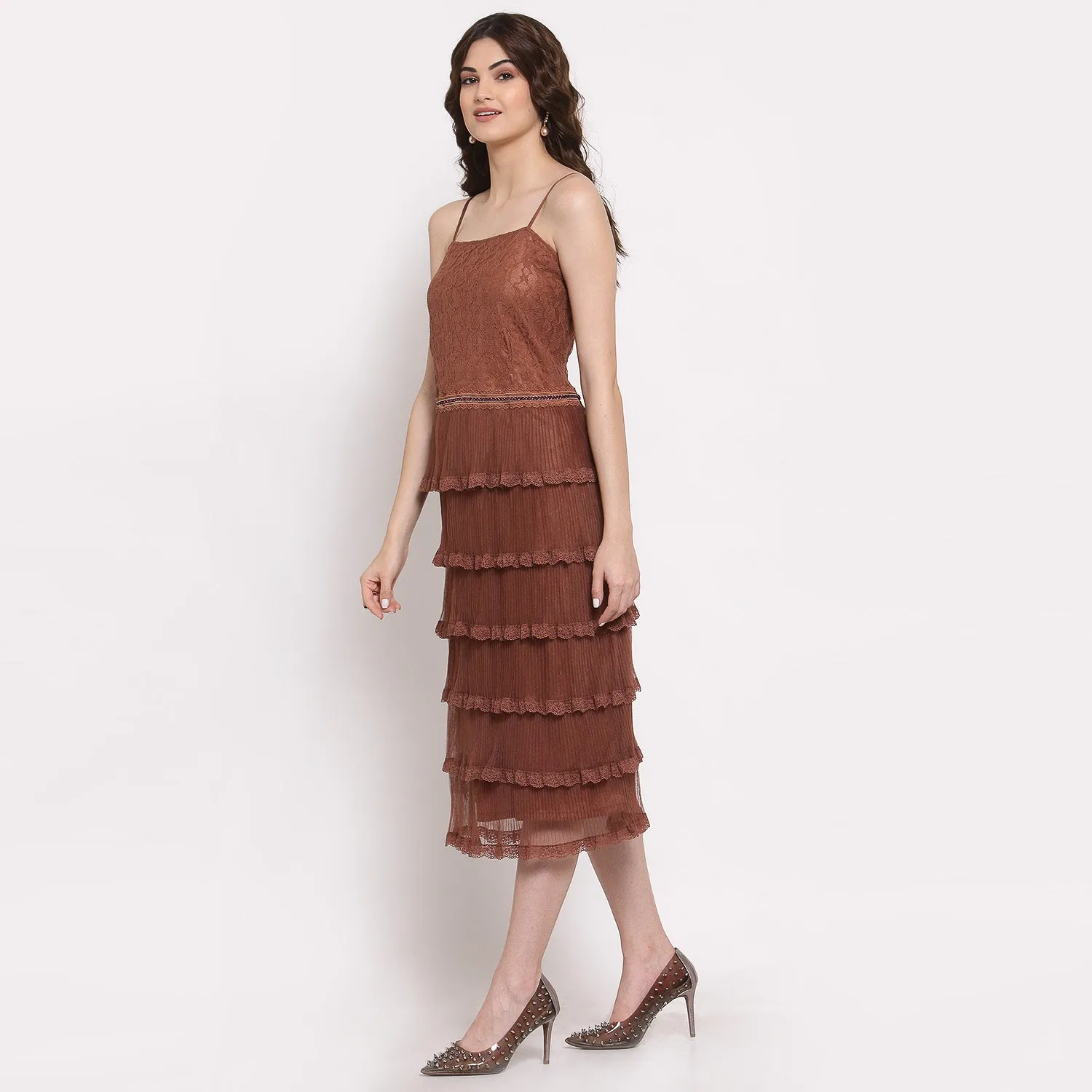 Brown Net Frill Dress