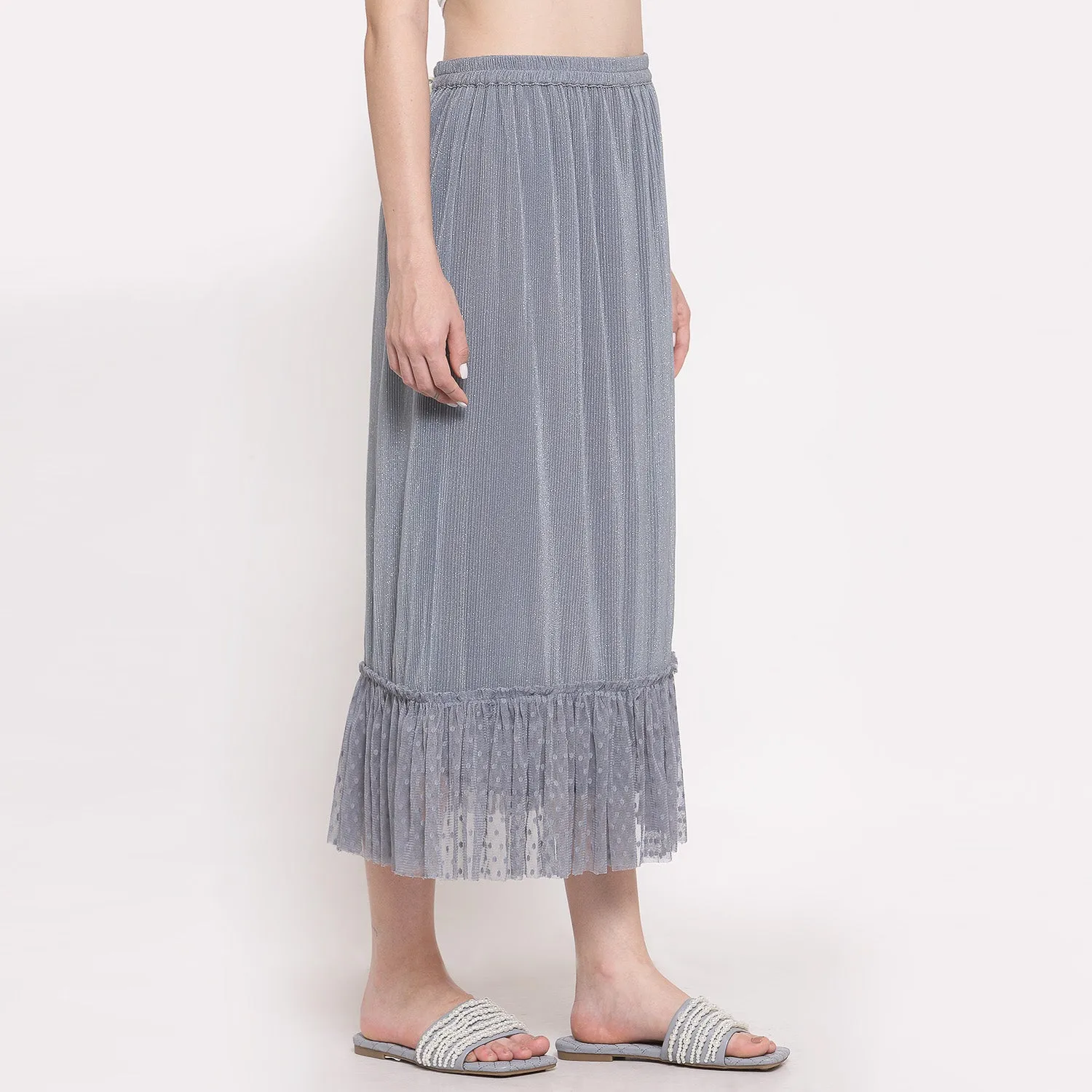 Grey Plisse Long Skirt With Frill