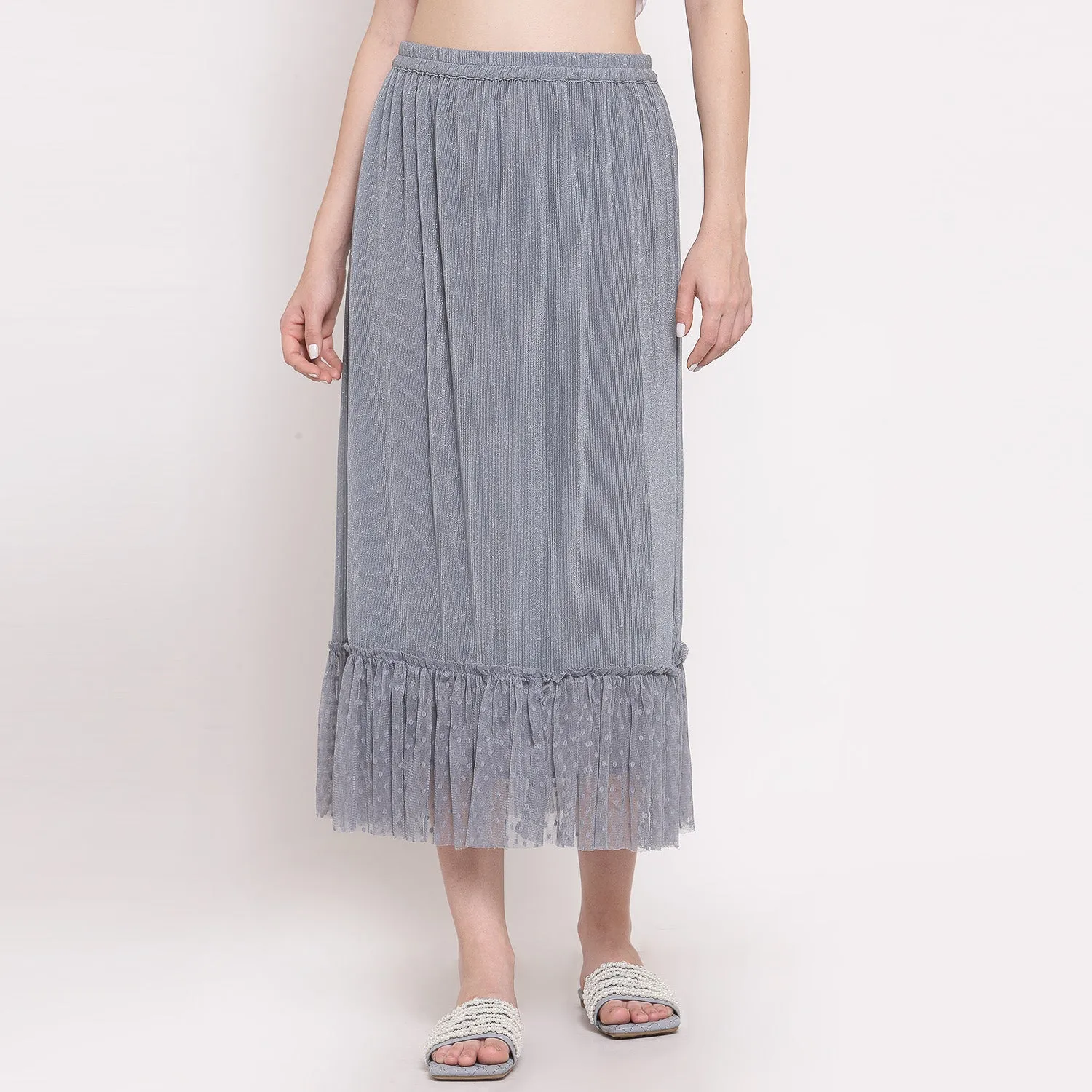 Grey Plisse Long Skirt With Frill