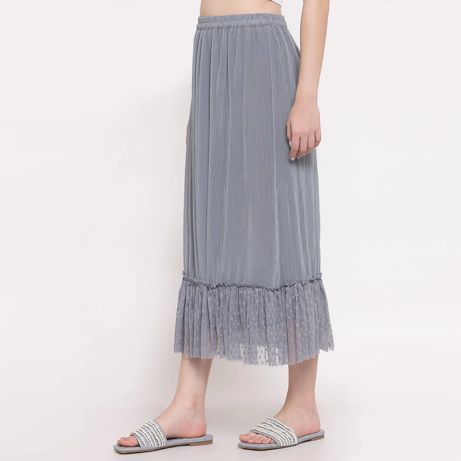 Grey Plisse Long Skirt With Frill