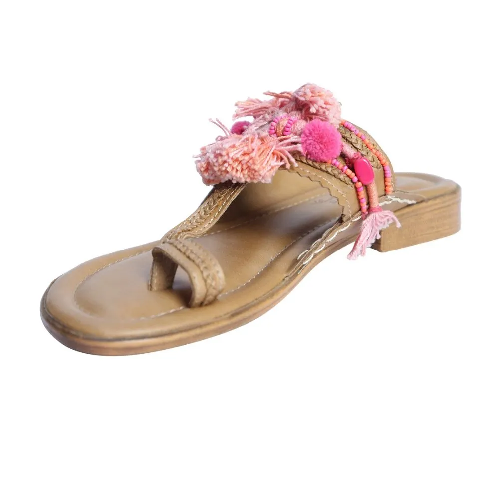 Khaki Brown Hand-Crafted Kolhapuri | Thread Embellished | Bohemian Look