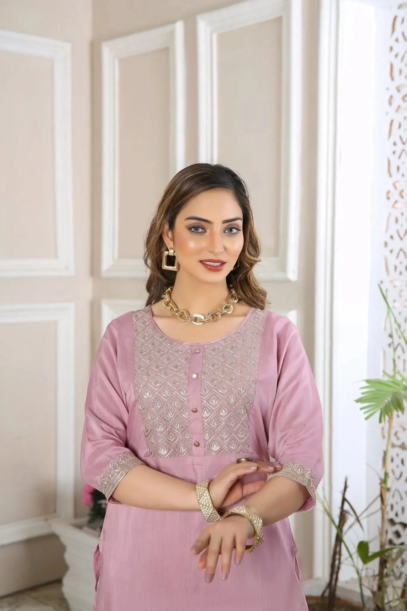Kurta Set for Women Embroidered Viscose Pink | Buy Online USA – IshDeena
