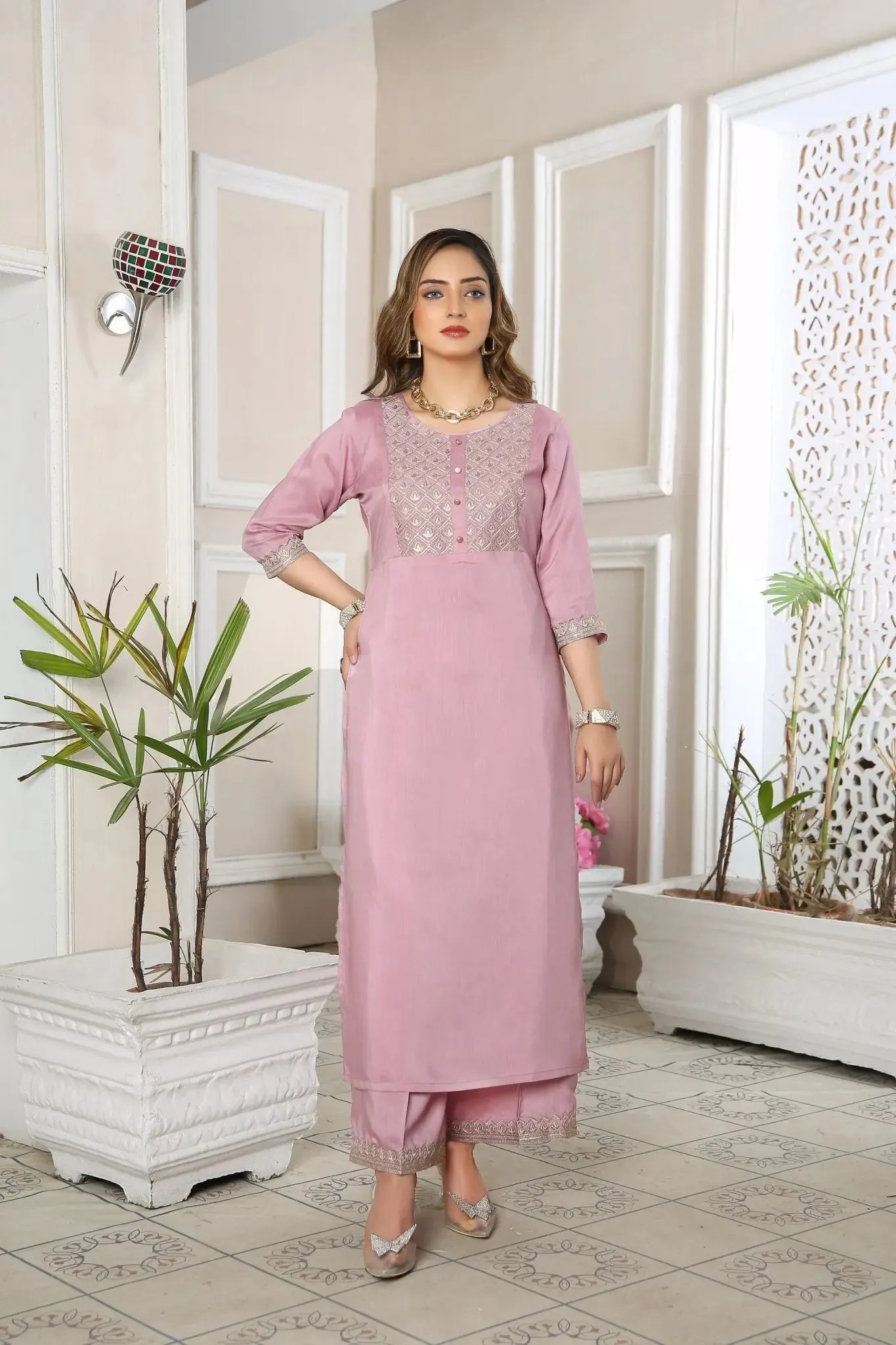 Kurta Set for Women Embroidered Viscose Pink | Buy Online USA – IshDeena