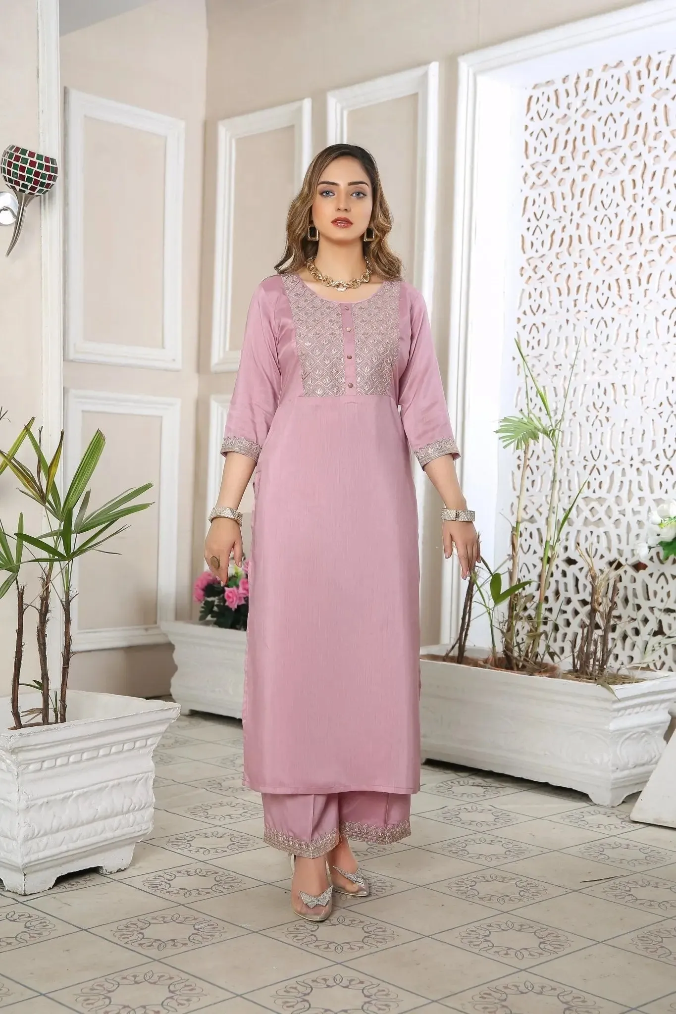 Kurta Set for Women Embroidered Viscose Pink | Buy Online USA – IshDeena