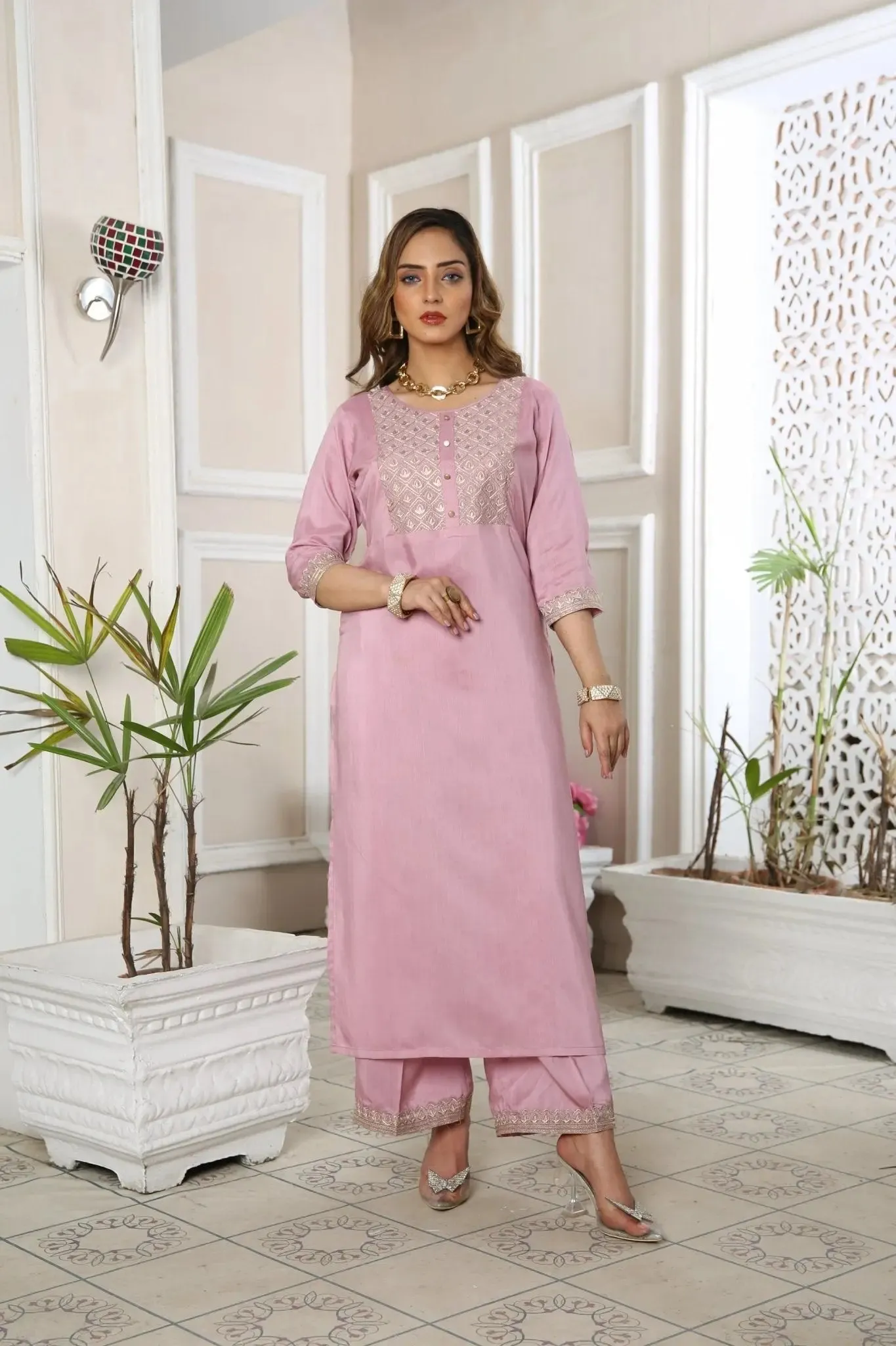 Kurta Set for Women Embroidered Viscose Pink | Buy Online USA – IshDeena