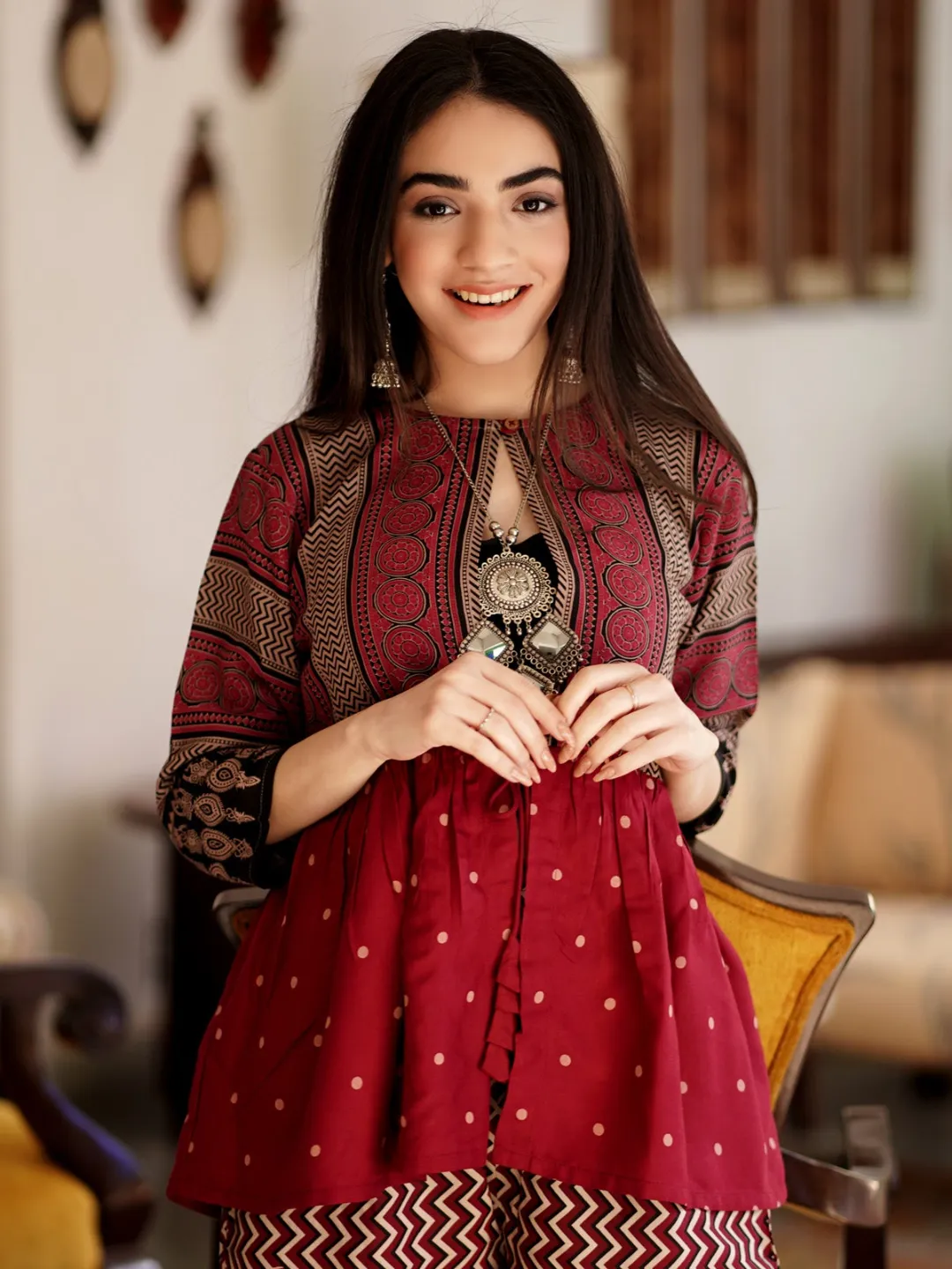 Maroon & Black Ajrakh Front Open Gather Shrug