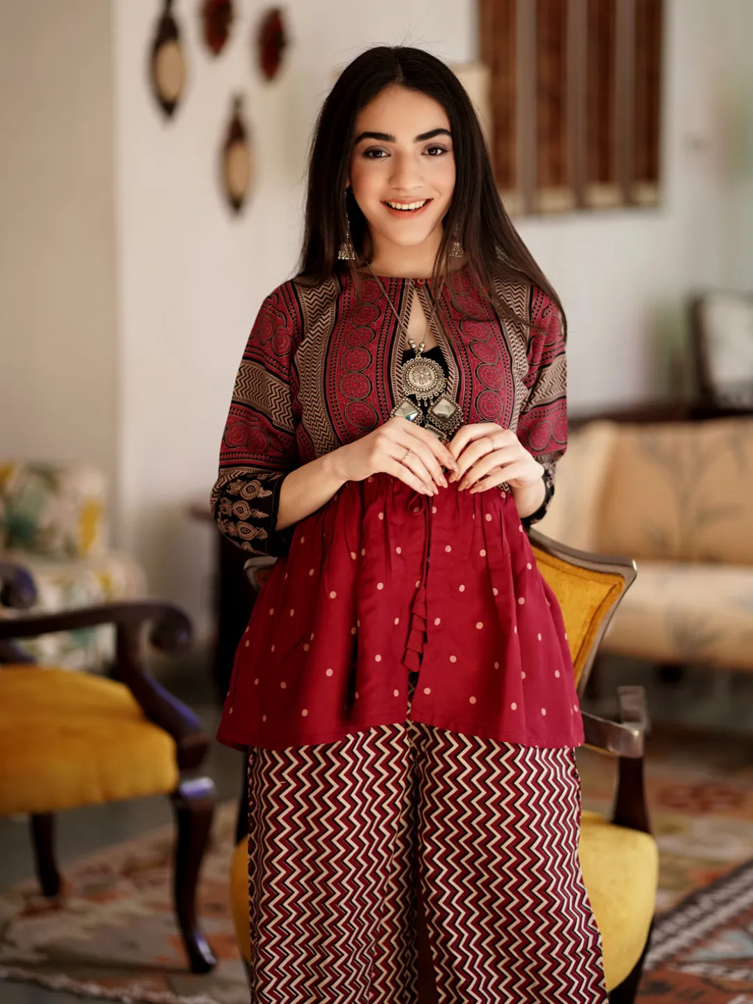 Maroon & Black Ajrakh Front Open Gather Shrug
