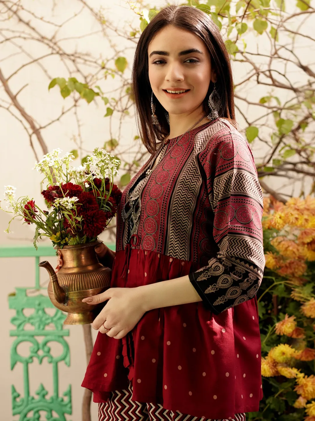 Maroon & Black Ajrakh Front Open Gather Shrug