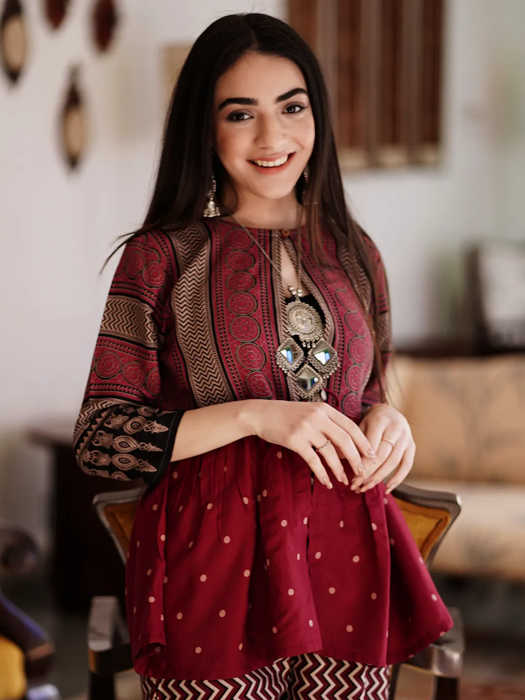 Maroon & Black Ajrakh Front Open Gather Shrug