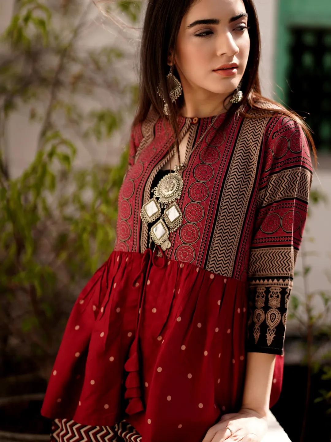 Maroon & Black Ajrakh Front Open Gather Shrug