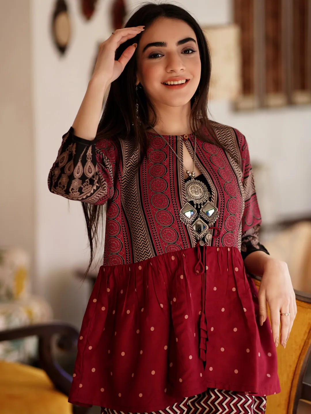 Maroon & Black Ajrakh Front Open Gather Shrug