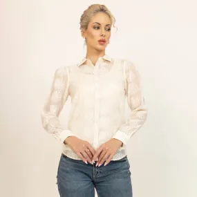 Off White Floral Embroidered Shirt With Spaghetti