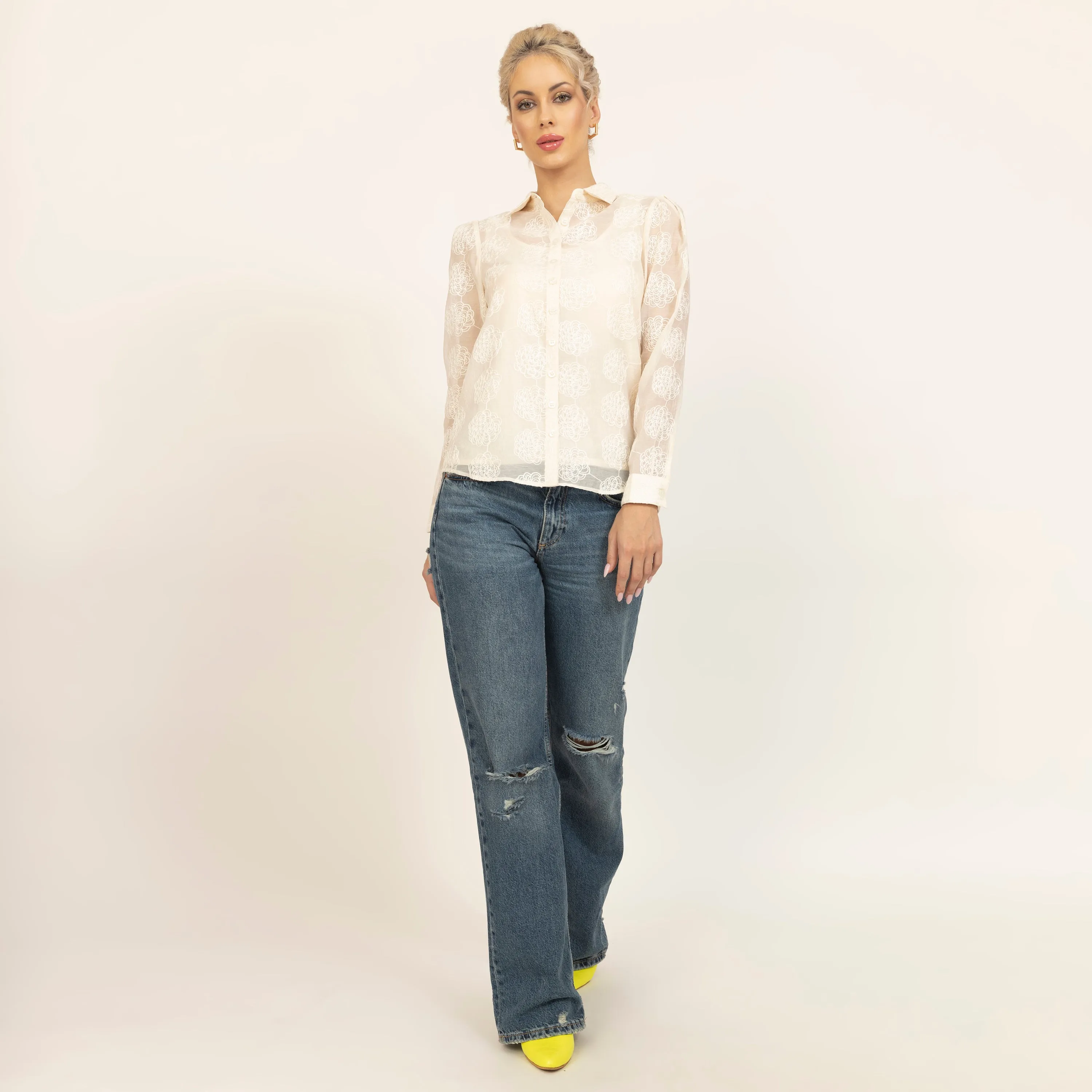 Off White Floral Embroidered Shirt With Spaghetti