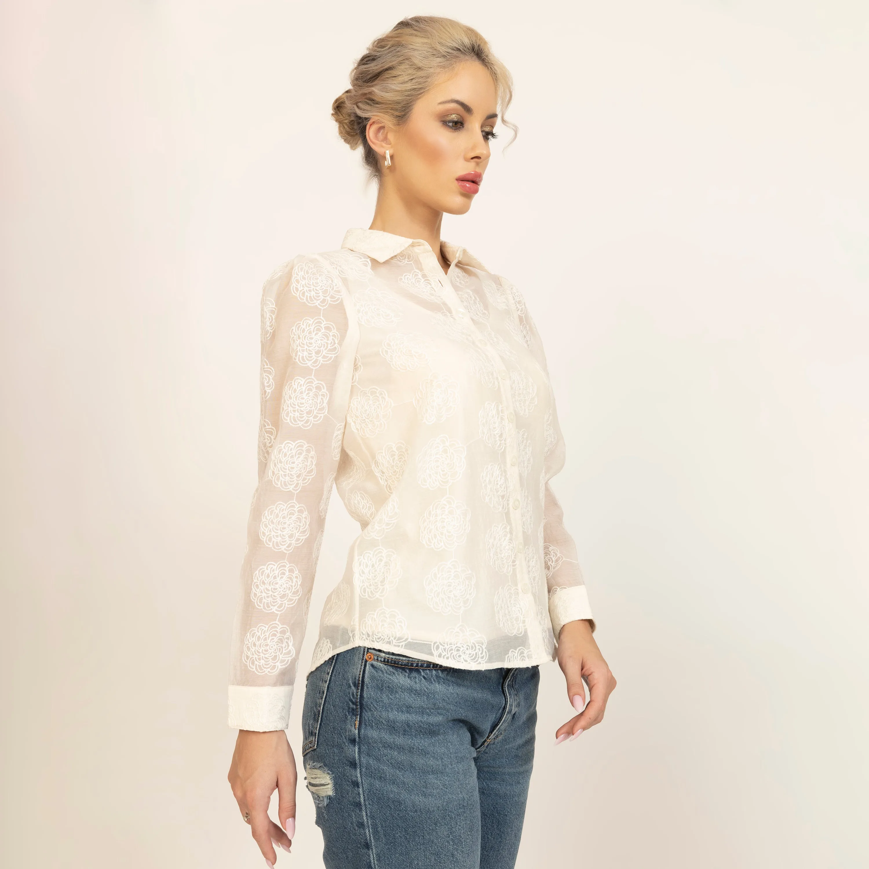 Off White Floral Embroidered Shirt With Spaghetti