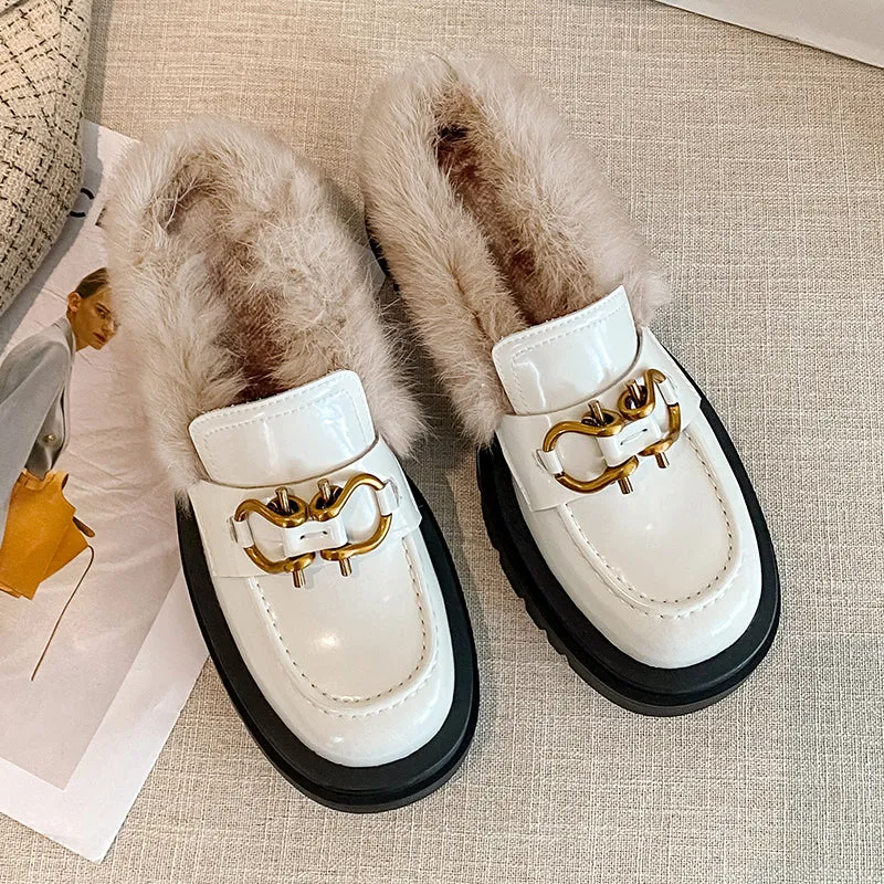 Zayda Genuine Leather Platform Chunky Mules with Fur