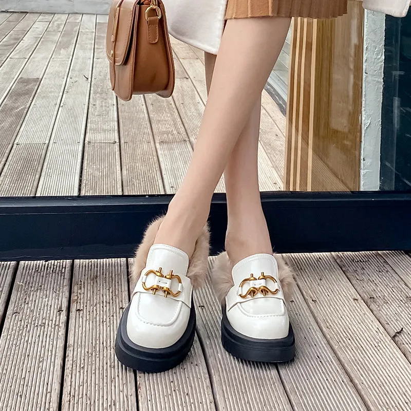 Zayda Genuine Leather Platform Chunky Mules with Fur