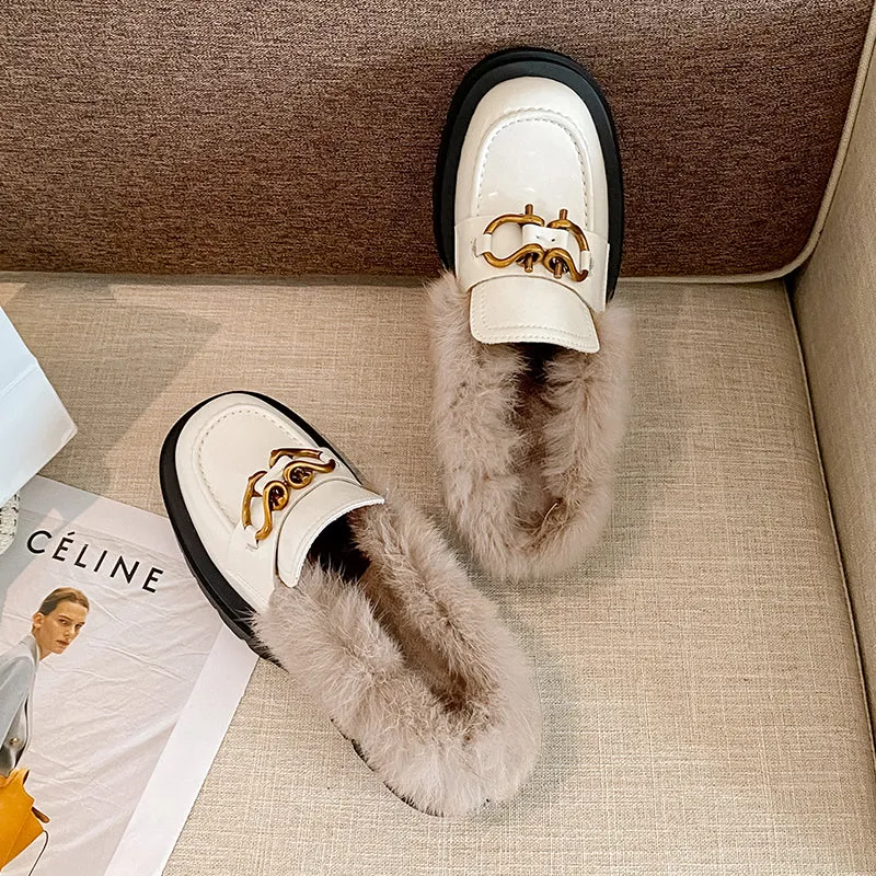 Zayda Genuine Leather Platform Chunky Mules with Fur