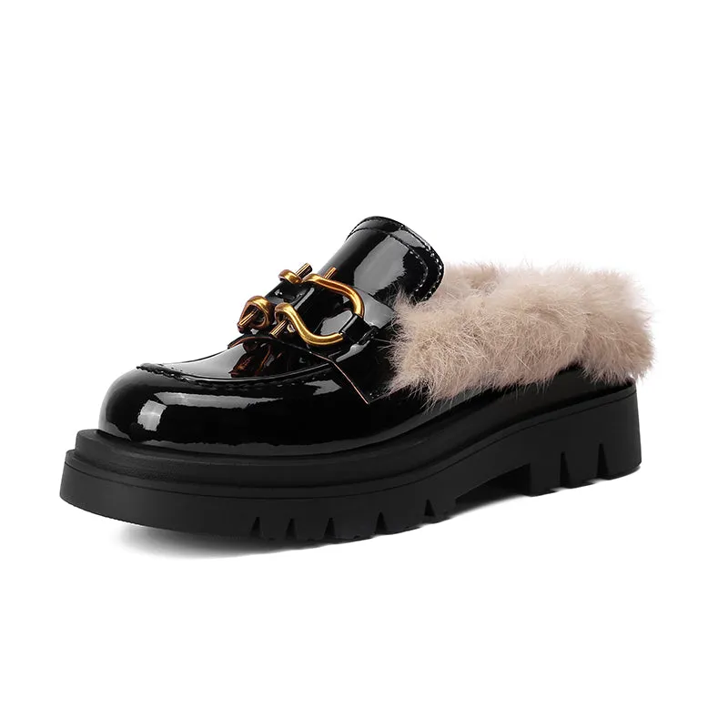 Zayda Genuine Leather Platform Chunky Mules with Fur