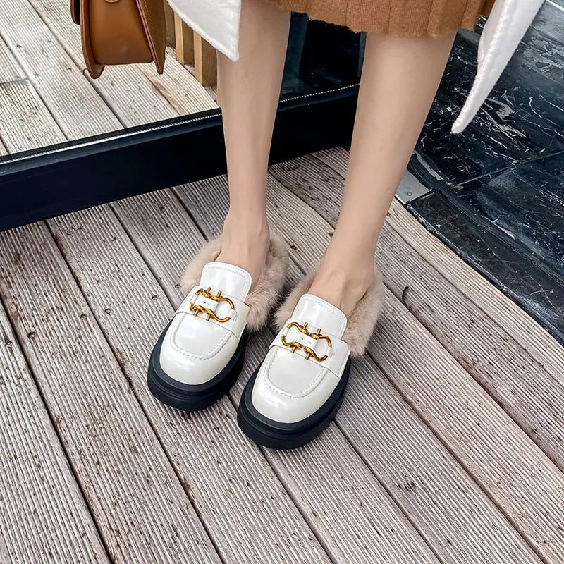 Zayda Genuine Leather Platform Chunky Mules with Fur