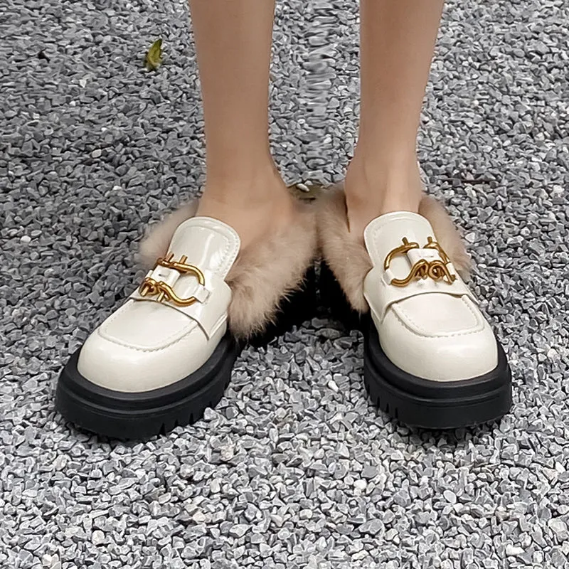 Zayda Genuine Leather Platform Chunky Mules with Fur