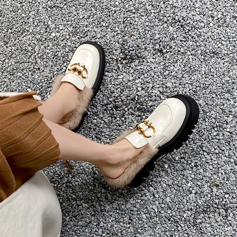 Zayda Genuine Leather Platform Chunky Mules with Fur