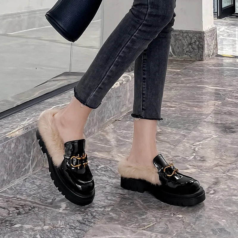 Zayda Genuine Leather Platform Chunky Mules with Fur