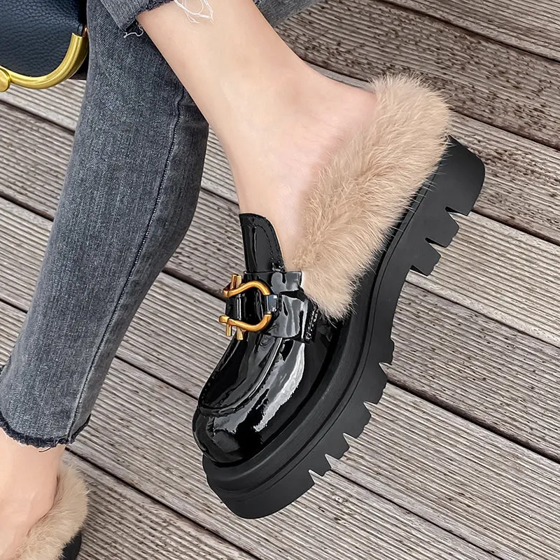 Zayda Genuine Leather Platform Chunky Mules with Fur
