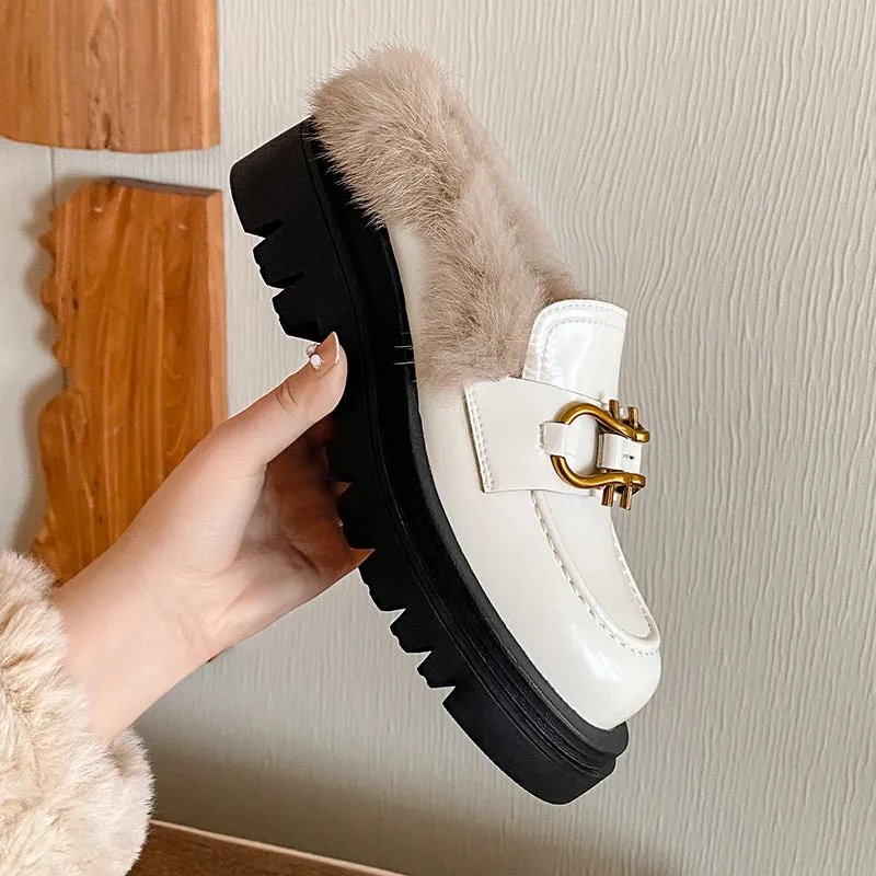 Zayda Genuine Leather Platform Chunky Mules with Fur