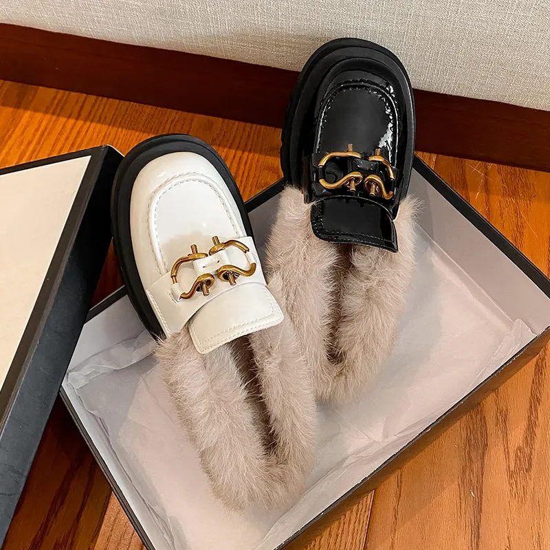 Zayda Genuine Leather Platform Chunky Mules with Fur