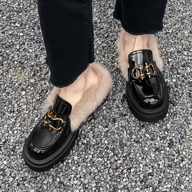 Zayda Genuine Leather Platform Chunky Mules with Fur