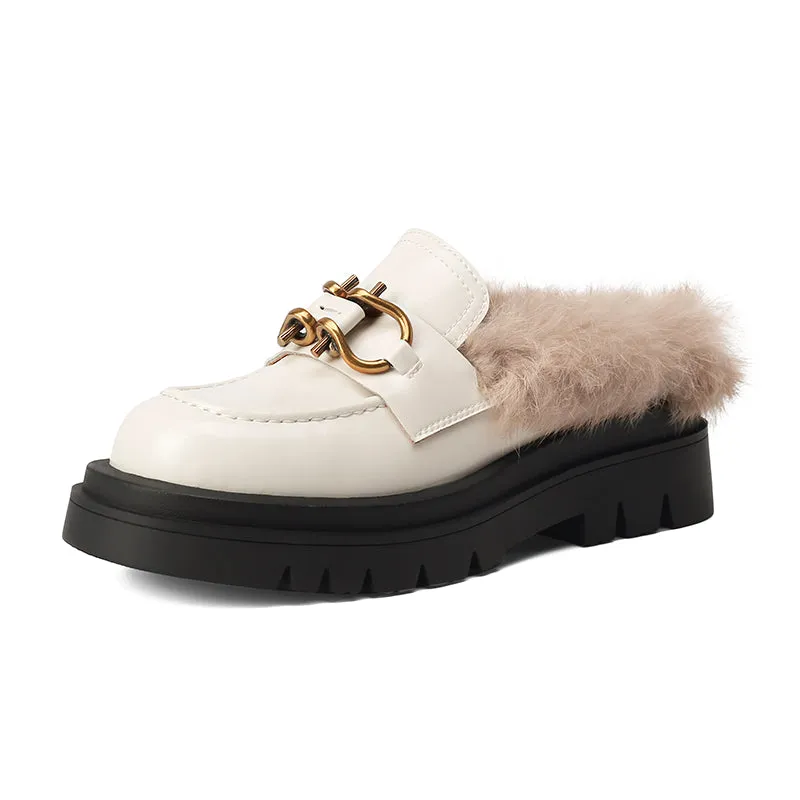 Zayda Genuine Leather Platform Chunky Mules with Fur