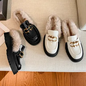 Zayda Genuine Leather Platform Chunky Mules with Fur