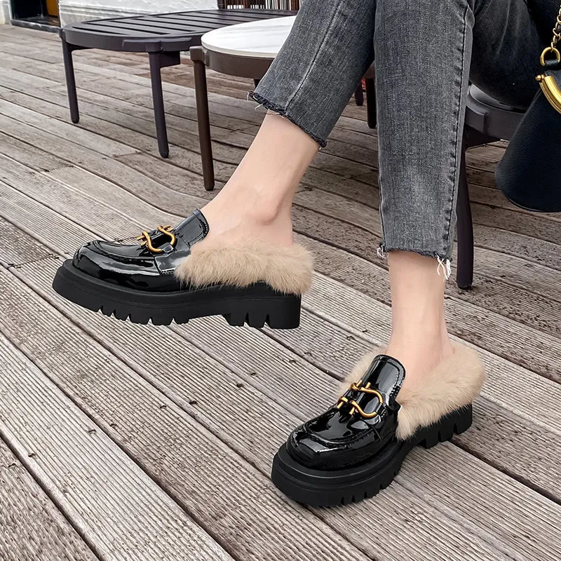 Zayda Genuine Leather Platform Chunky Mules with Fur