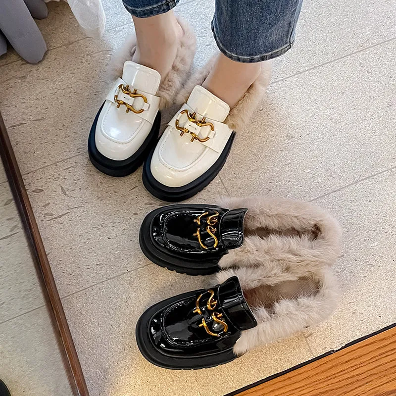 Zayda Genuine Leather Platform Chunky Mules with Fur
