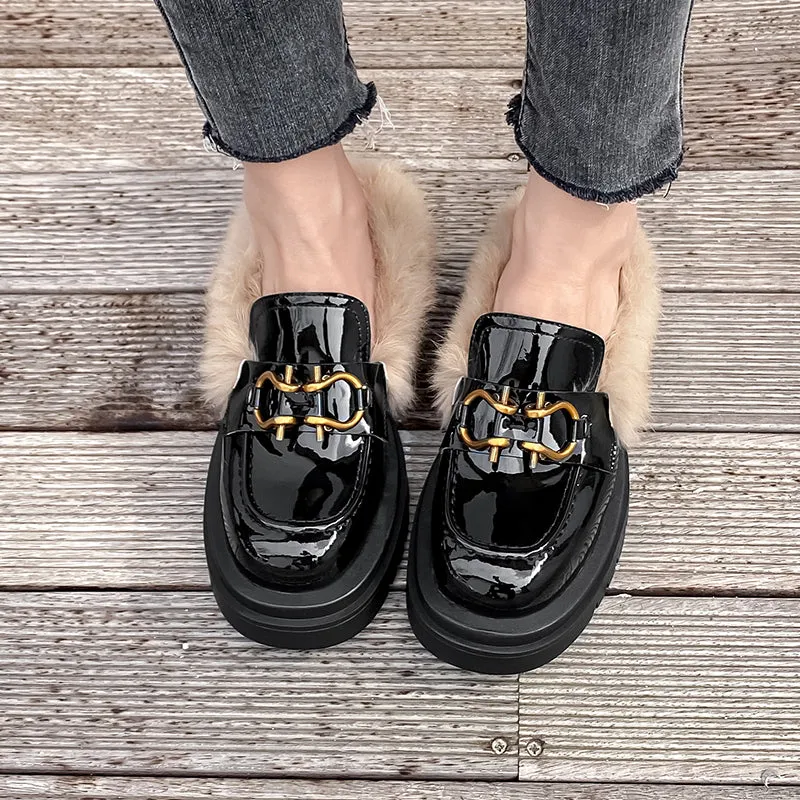 Zayda Genuine Leather Platform Chunky Mules with Fur