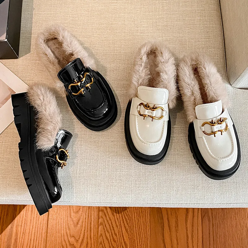 Zayda Genuine Leather Platform Chunky Mules with Fur